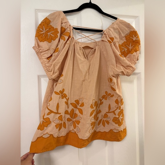 Madewell Floral Embroidered Women’s Top/Blouse • Puff Sleeves • Pink and Orange - Picture 5 of 6
